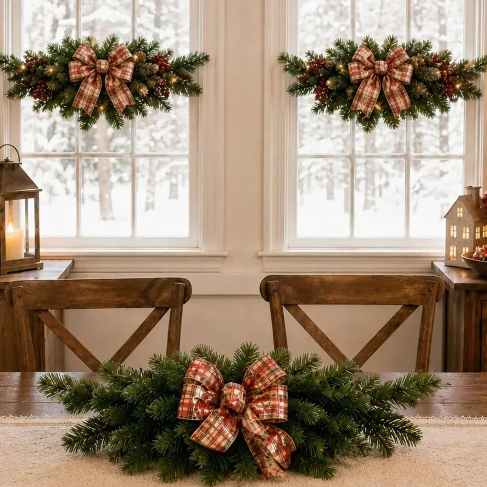 🎄🌸🎀Set of 3 Vintage Christmas Swags Faux Pine Pink Gold Holiday Decor 26-28